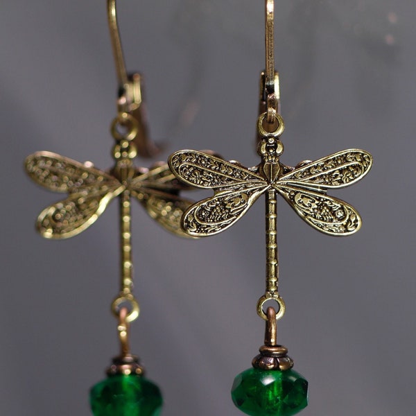 Dragonfly Earrings - Victorian Earrings  Blue Earrings  - Green Earrings - Nature Earrings - Art Nouveau Earrings - Peridot Earrings