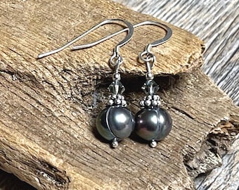 Grey Freshwater Pearl Earrings: Sterling Silver Accents