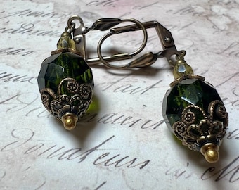 Victorian Style Earrings - Vintage Style Jewelry - Olive Green Earrings - Green Earrings- Antiqued Brass - Dark Green Earrings