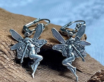 Fairy Earrings - Antiqued silver charm Fairy earrings - Charm Earrings - Celtic Earrings - Woodland Earrings - Art Nouveau Jewelry.