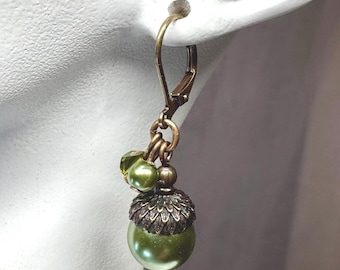 Acorn Earrings: Olive Green Pearl & Crystal Autumn Jewelry