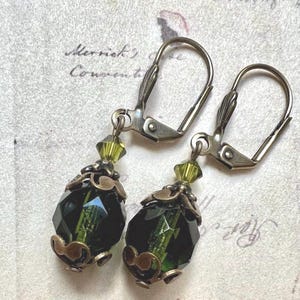 Victorian Olive Green Earrings: Czech Glass & Swarovski Crystal