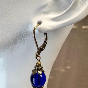 Blue Earrings - Czech Glass Earrings - Cobalt  Blue Earrings - Antiqued Brass Jewelry- Vintage Style - Everyday Earrings