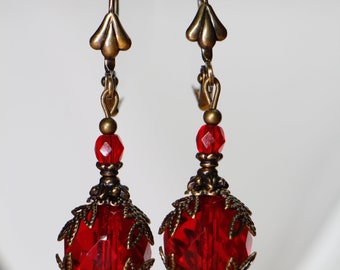 Victorian earrings - Vintage Style Earrings - Red Earrings - Antiqued Brass Earrings - Victorian style earrings- Red and Bronze Earrings