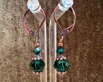 Emerald Green Czech Glass Dangle Earrings - Victorian Style