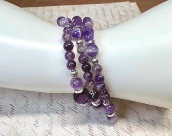 Amethyst Bracelet - Silver  Tone Accent  - Gemstone Jewelry - Wrap Bracelet - Memory Wire Bracelet -  Purple Bracelet