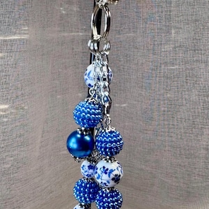 Blue Pearl Purse Charm: Floral Beaded Handbag Dangle