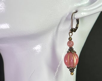 Pink Pumpkin Earrings: Czech Glass Beads, Antiqued Brass