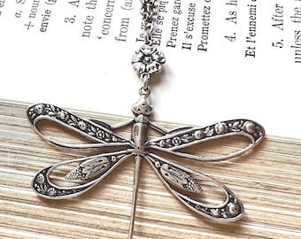 Victorian Style Dragonfly Necklace - Antiqued Silver - Antiqued Copper - Antigued Brass - 28 Inch Chain - Vintage Style Jewelry