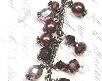 Bronze Purse Charm: Czech Glass & Pearl Beaded Handbag Charm