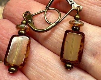Brown Czech Glass Earrings: Rustic Antiqued Brass Boho Style