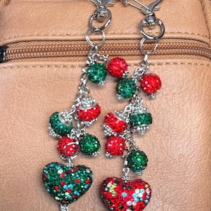 Red Purse Charm - Sparkling Purse Charm - Purse Jewelry - Heart Jewelry - Festive Purse Charm - Green Purse Charm - Backpack Charm