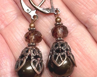 Smokey Topaz Gemstone & Brown Glass Pearl Earrings