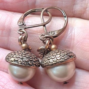 Copper Acorn Earrings: Swarovski Pearl Autumn Jewelry
