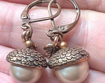 Copper Acorn Earrings: Swarovski Pearl Autumn Jewelry