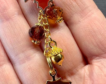Maple Leaf Purse/ Zipper Charm - Autumn Glass Bead  - Festive Jewelry - Brown  Purse Charm