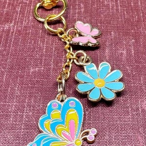 Enamel Butterfly Purse Charm - Floral Zipper Pull - Pink Bag Charm - Light Blue Backpack Charm - Pastel Purse Charm - 3 Inches Long