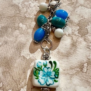 Handpainted Floral Beaded Purse Charm: Blue & Teal Handbag Jewelry