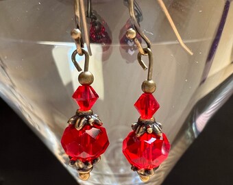 Red Earrings - Victorian Style Earrings - Red and Bronze Earrings - Vintage Style Earrings