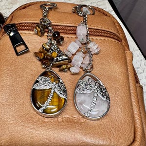 Dragonfly Purse Charm - Tigereye Purse Charm - Rose Quartz Purse Charm - Tigereye Jewelry - Gemstone Jewelry Quartz Jewelry