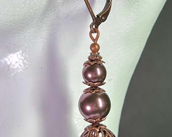 Burgundy Pearl Earrings - Purple Earrings - Copper Jewelry - Pearl Jewelry - Vintage Style Jewelry - Dangle Earrings - Handmade Earrings