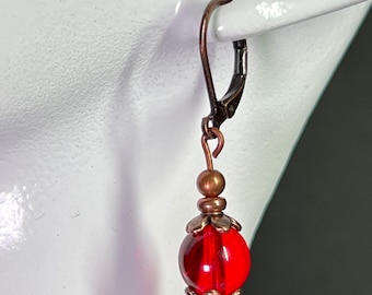 Red Earrings - Czech Glass Earrings - Ruby Red Earrings - Antiqued Copper Jewelry- Vintage Style - Everyday Earrings - Handmade Jewelry