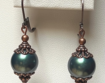 Teal Crystal Pearl Earrings: Victorian Style, Antiqued Copper