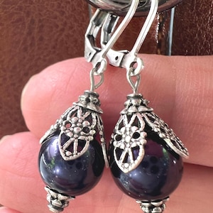 Dark Blue Pearl Earrings - Crystal Pearl Earrings - Victorian Style Earrings - Vintage Style Jewelry - Blue Earrings - Pearl Earrings