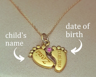 Collar de pies de bebé de oro macizo, personalizado con nombre, collar de pies de bebé de oro macizo de 8k/14k, regalo de nombre de niño personalizado para bebé para mamá