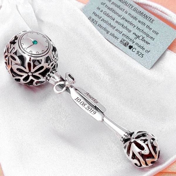 Sterling silver baby’s rattle, personalised baby Gift.