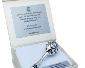 Sonajero de plata de ley personalizado para bebé, regalo de bautizo grabado, recuerdo de bautismo, sonido de cuentas de ámbar, hecho a mano.