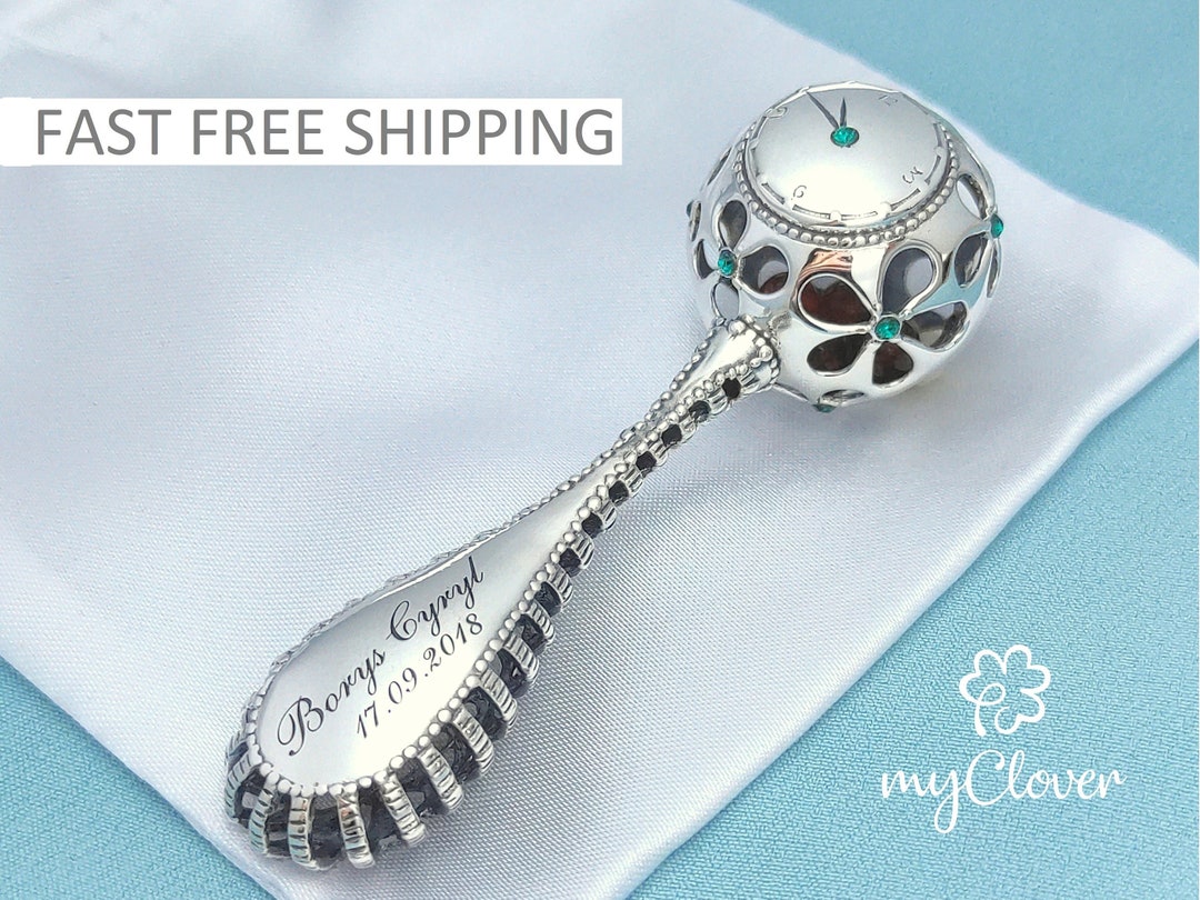 Sterling Silver Babys Rattle, Personalized Gift, New Mom, Christening