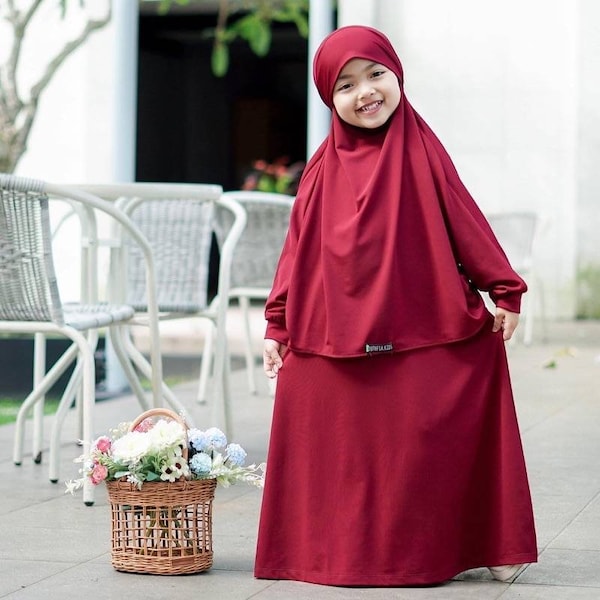 1 - 6 ans abaya muslim set robe et français khimar qui peut être utilisé comme voile, couleur marron