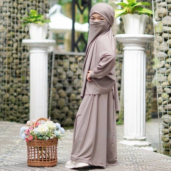 1 - 6 ans abaya muslim set robe et français khimar qui peut être utilisé comme voile, couleur fumée