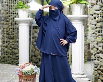 1 - 6 Years old abaya muslim set dress and french khimar that can be used as a veil, Navy colour