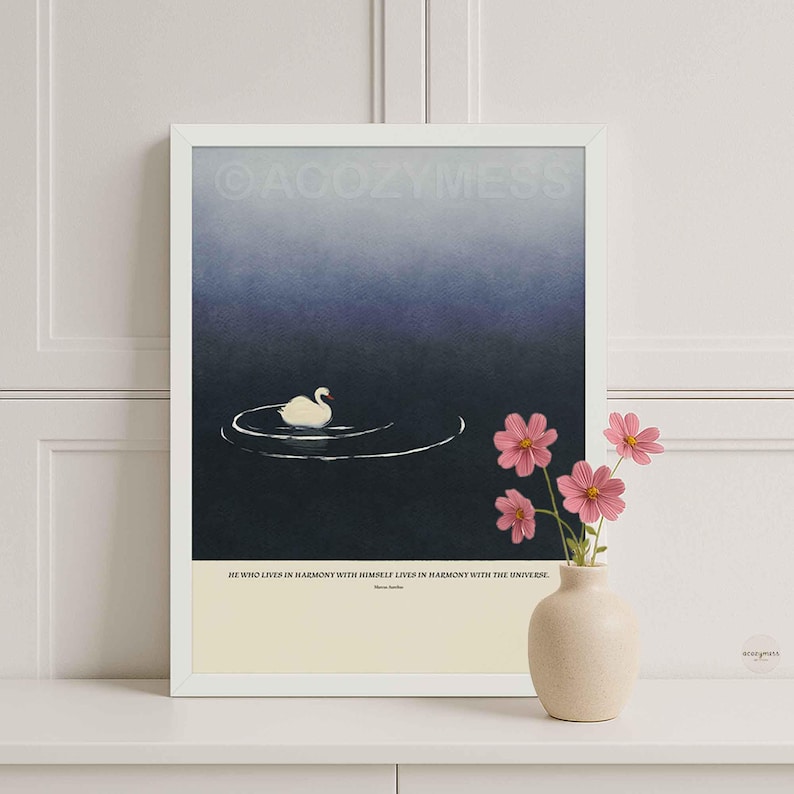 White framed Marcus Aurelius quote print reading “Harmony with himself,” illustrated