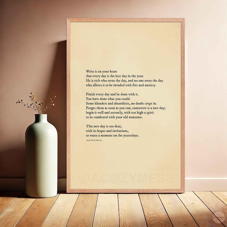 Write it on your heart, Framed poster in oakwood finish with minimalist quote typography.