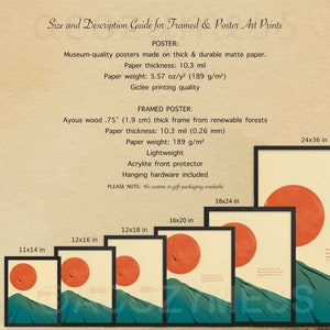 May include: Size and description guide for framed and poster art prints. The guide shows different sizes of framed prints with a mountain and sun design. The sizes are 11x14 inches, 12x16 inches, 12x18 inches, 16x20 inches, 18x24 inches, and 24x36 inches.