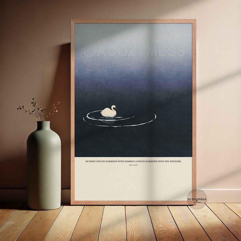 Marcus Aurelius inspirational quote wall art displayed in an oakwood  frame, featuring tranquil blue artwork.