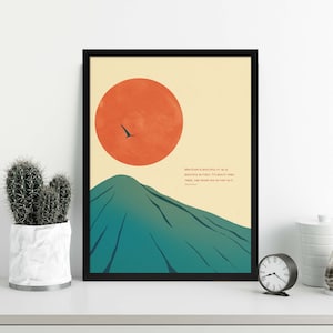 whatever is beautiful, marcus aurelius poster with sun and mountains minimalist illustration in black frame
