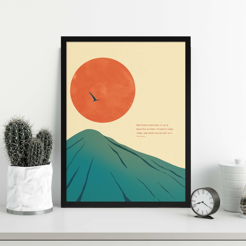 whatever is beautiful, marcus aurelius poster with sun and mountains minimalist illustration in black frame