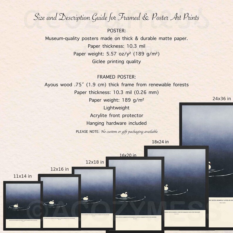 Size and description guide for framed and poster art prints with dimensions and material details.