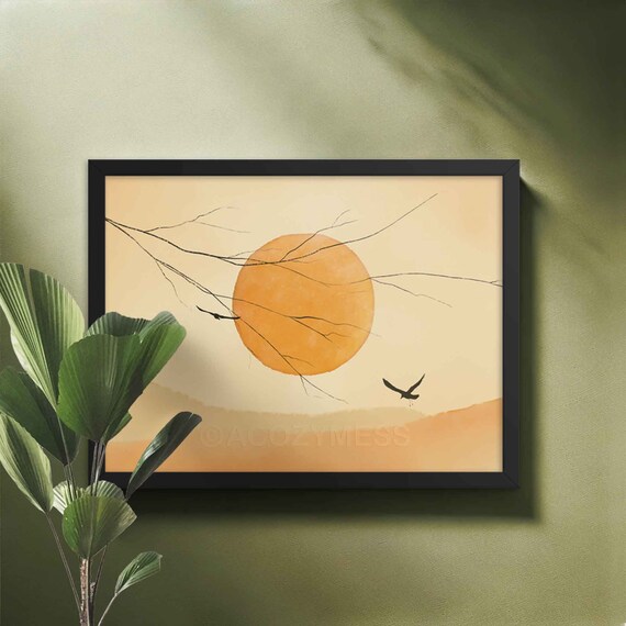 The Sun and The Flying Birds Art Print, Calming Wall Decor, Zen Spaces