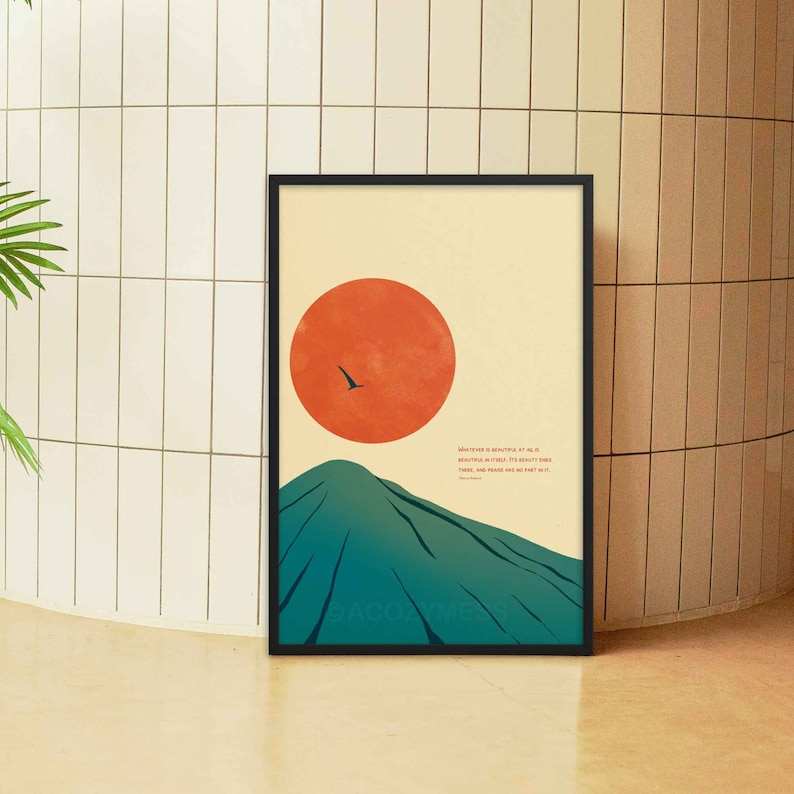 Marcus Aurelius quote on beauty and praise with sun and mountain art poster in oak frame