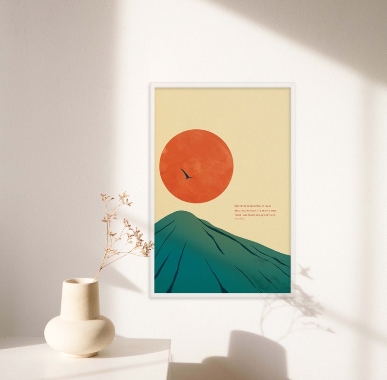 Marcus Aurelius quote on beauty and praise with sun and mountain art poster in white frame