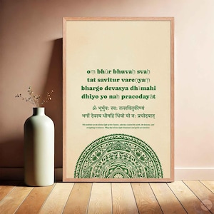 Poster del mantra Gayatri / Stampa del mantra con mandala verde / Arte per sala yoga e meditazione