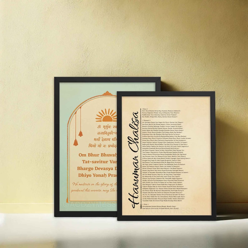 Hanuman Chalisa poster featuring the sacred devotional prayer, ideal for prayer rooms and meditation spaces, in black frame.