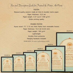 May include: A guide for framed and poster art prints with different sizes and descriptions. The guide includes information about the paper thickness, weight, and frame material. The image also shows examples of the prints in different sizes, including 11x14 inches, 12x16 inches, 12x18 inches, 16x20 inches, 18x24 inches, and 24x36 inches. The prints feature a Sanskrit mantra with a sunrise graphic.