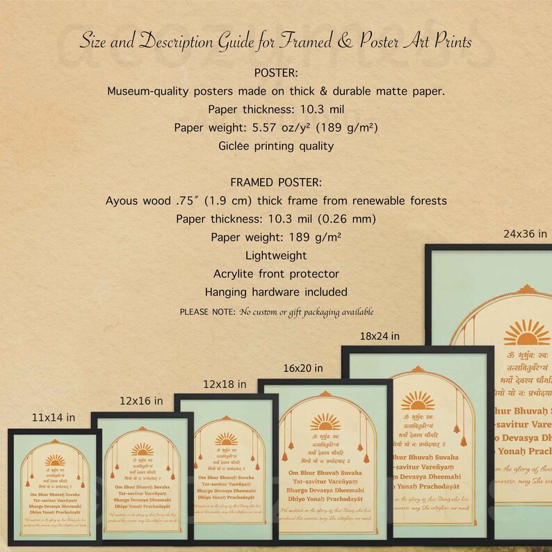 May include: A guide for framed and poster art prints with different sizes and descriptions. The guide includes information about the paper thickness, weight, and frame material. The image also shows examples of the prints in different sizes, including 11x14 inches, 12x16 inches, 12x18 inches, 16x20 inches, 18x24 inches, and 24x36 inches. The prints feature a Sanskrit mantra with a sunrise graphic.