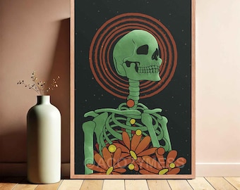 Floral Skeleton Art Print | Green Skeleton Poster with Starry Background | Spooky Decor